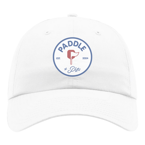 White cap with 'Paddle + Pin' logo on a white background